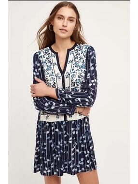 Anthropologie TINY Embroidered Blue White Floral Mini Dress Size Petite Large